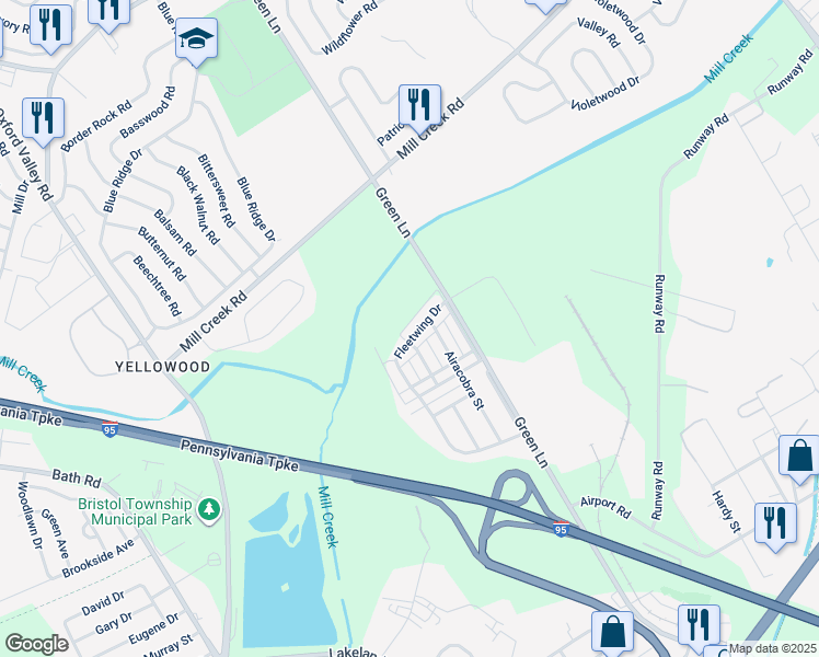 map of restaurants, bars, coffee shops, grocery stores, and more near 5725 Fleetwing Drive in Levittown