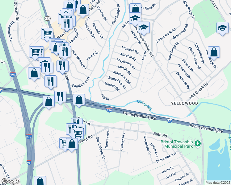 map of restaurants, bars, coffee shops, grocery stores, and more near 26 Mill Bend Road in Levittown