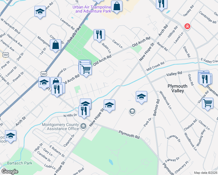 map of restaurants, bars, coffee shops, grocery stores, and more near 438 Saw Mill Court in Norristown