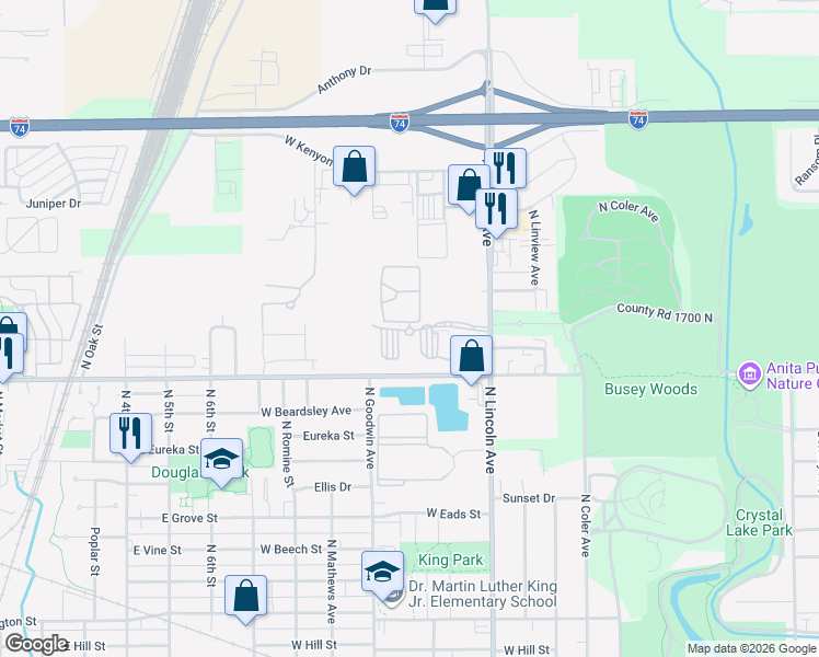 map of restaurants, bars, coffee shops, grocery stores, and more near 1727 Melrose Village Circle in Urbana