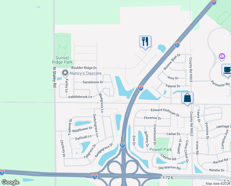 map of restaurants, bars, coffee shops, grocery stores, and more near 1352 Mariner Way in Champaign