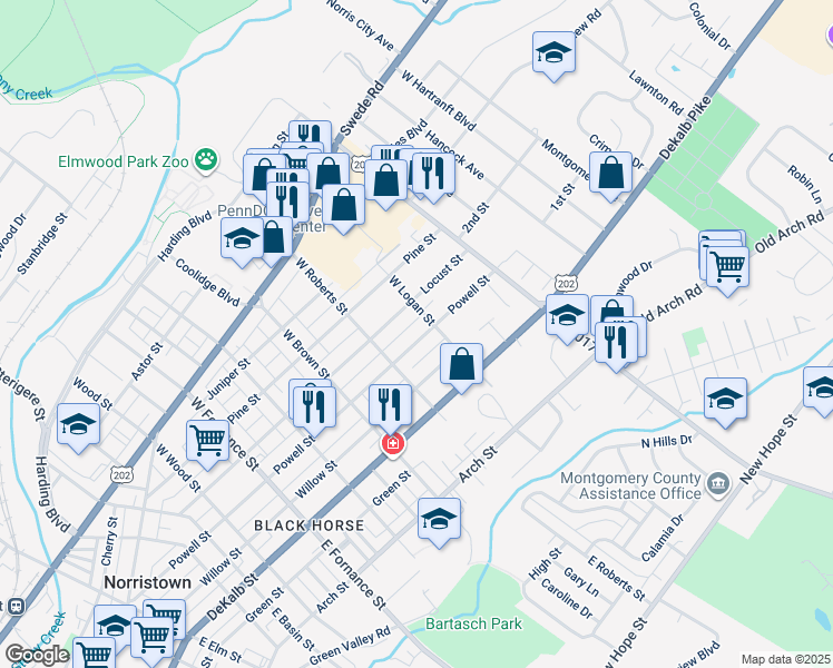 map of restaurants, bars, coffee shops, grocery stores, and more near 1729 Powell Street in Norristown