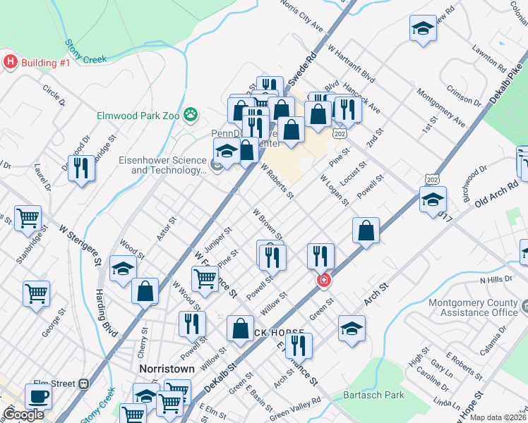 map of restaurants, bars, coffee shops, grocery stores, and more near 1605 Juniper Street in Norristown