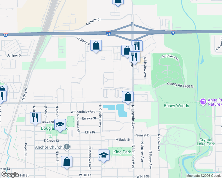 map of restaurants, bars, coffee shops, grocery stores, and more near 1727 Melrose Village Circle in Urbana