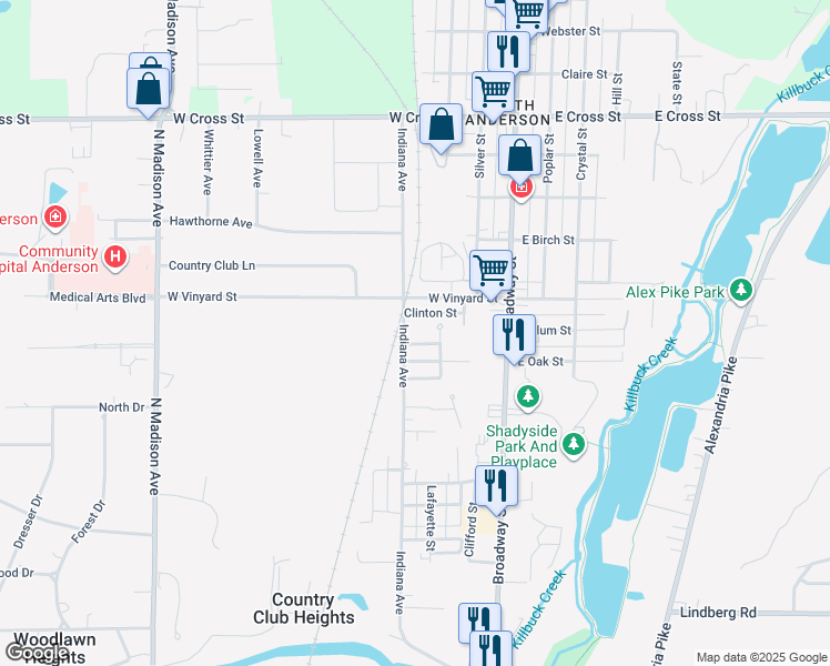 map of restaurants, bars, coffee shops, grocery stores, and more near 231 West Vinyard Street in Anderson