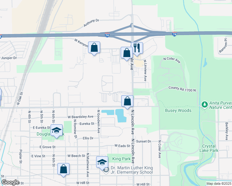 map of restaurants, bars, coffee shops, grocery stores, and more near Melrose Boulevard in Urbana