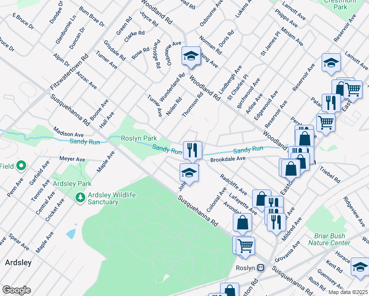 map of restaurants, bars, coffee shops, grocery stores, and more near 2648 Fernwood Avenue in Abington