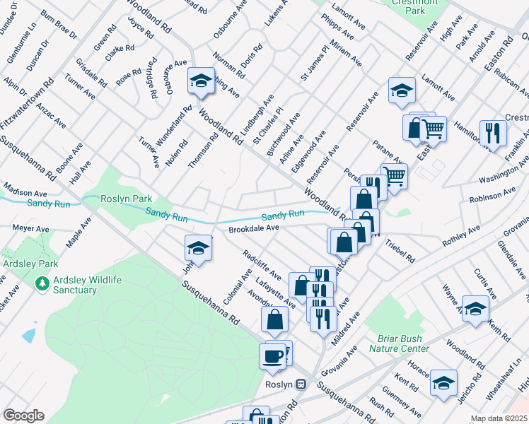 map of restaurants, bars, coffee shops, grocery stores, and more near 2558 Fernwood Avenue in Abington