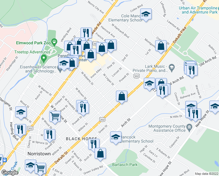 map of restaurants, bars, coffee shops, grocery stores, and more near 1729 Powell Street in Norristown