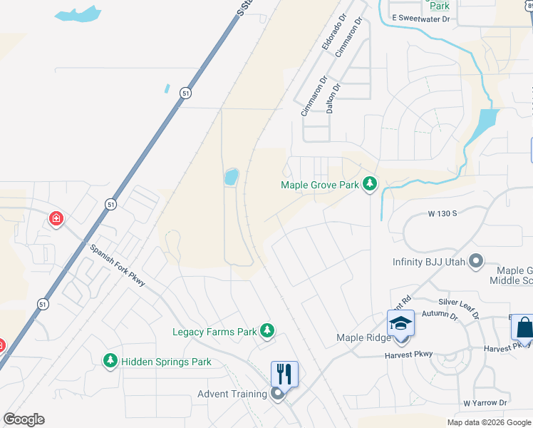 map of restaurants, bars, coffee shops, grocery stores, and more near 2648 Cimmaron Drive in Springville