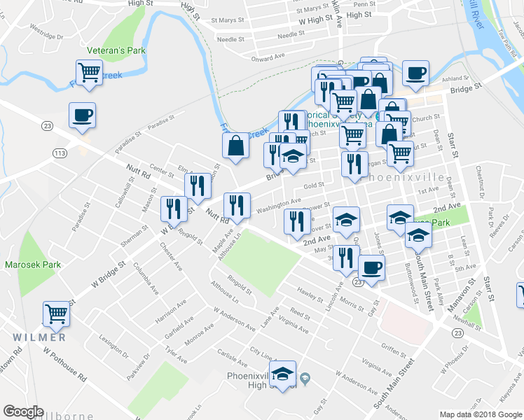 map of restaurants, bars, coffee shops, grocery stores, and more near 536 Washington Avenue in Phoenixville