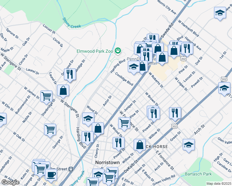 map of restaurants, bars, coffee shops, grocery stores, and more near 1428 Astor Street in Norristown