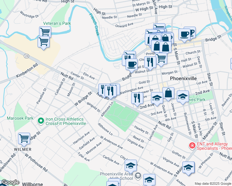 map of restaurants, bars, coffee shops, grocery stores, and more near 495 Nutt Road in Phoenixville
