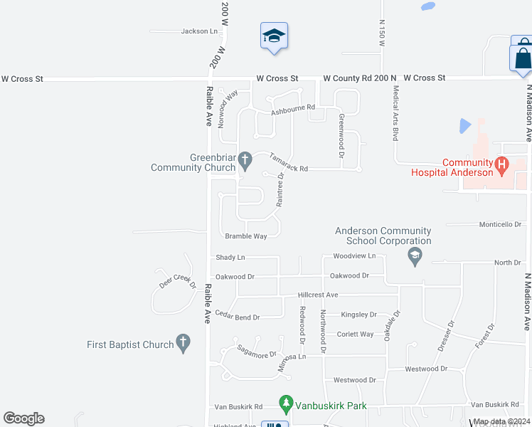 map of restaurants, bars, coffee shops, grocery stores, and more near 2208 Raintree Drive in Anderson