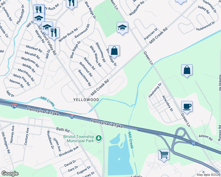 map of restaurants, bars, coffee shops, grocery stores, and more near 6 Young Birch Road in Levittown
