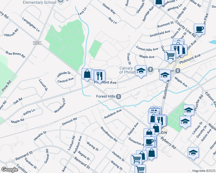 map of restaurants, bars, coffee shops, grocery stores, and more near 13020 Blakeslee Drive in Philadelphia