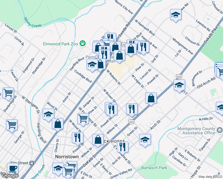 map of restaurants, bars, coffee shops, grocery stores, and more near 1613 Pine Street in Norristown