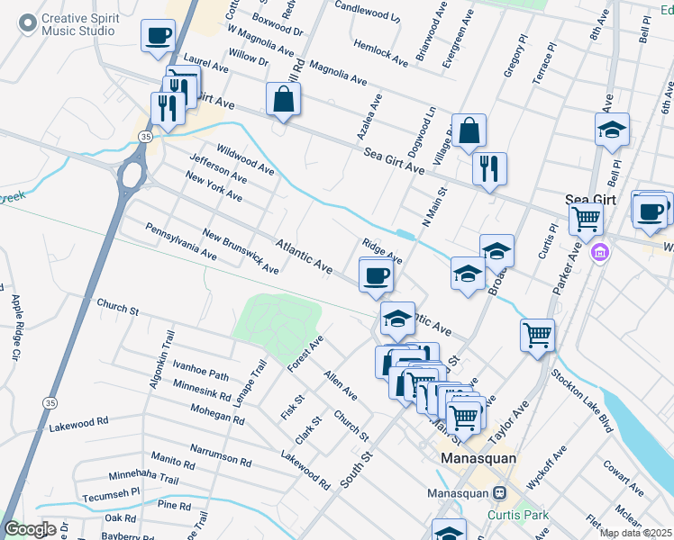 map of restaurants, bars, coffee shops, grocery stores, and more near 27 Trenton Avenue in Manasquan
