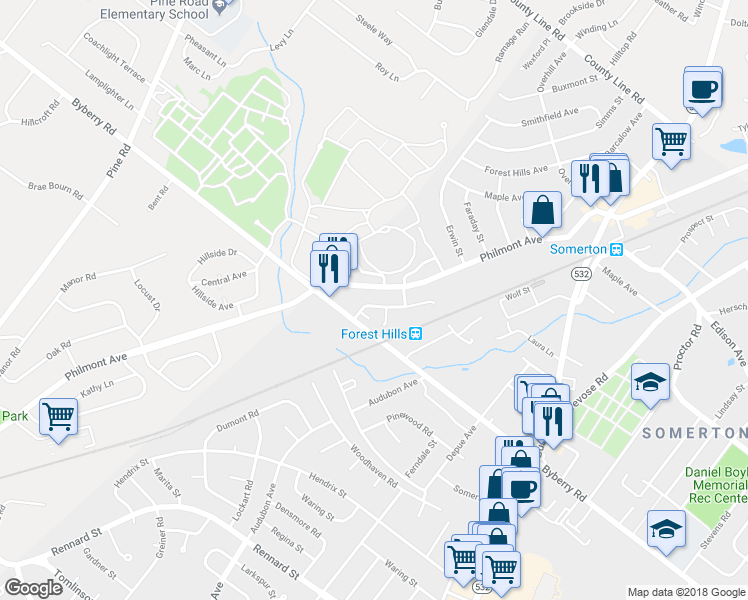 map of restaurants, bars, coffee shops, grocery stores, and more near 13022 Blakeslee Drive in Philadelphia