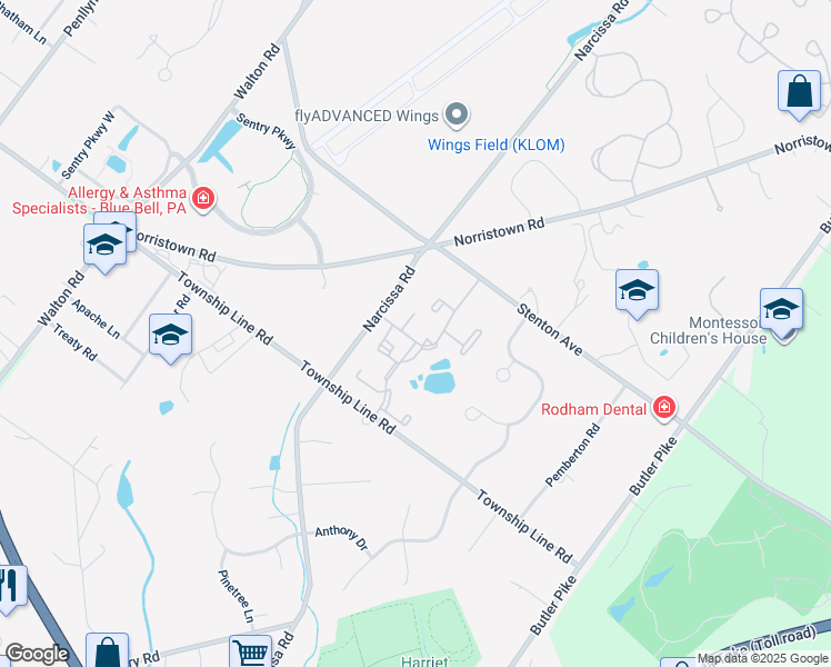 map of restaurants, bars, coffee shops, grocery stores, and more near 13 Wingate Court in Blue Bell
