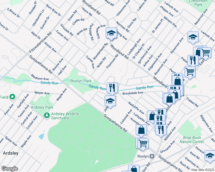 map of restaurants, bars, coffee shops, grocery stores, and more near 2648 Fernwood Avenue in Abington