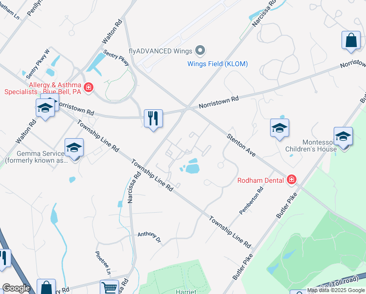 map of restaurants, bars, coffee shops, grocery stores, and more near 3 Wingate Court in Blue Bell