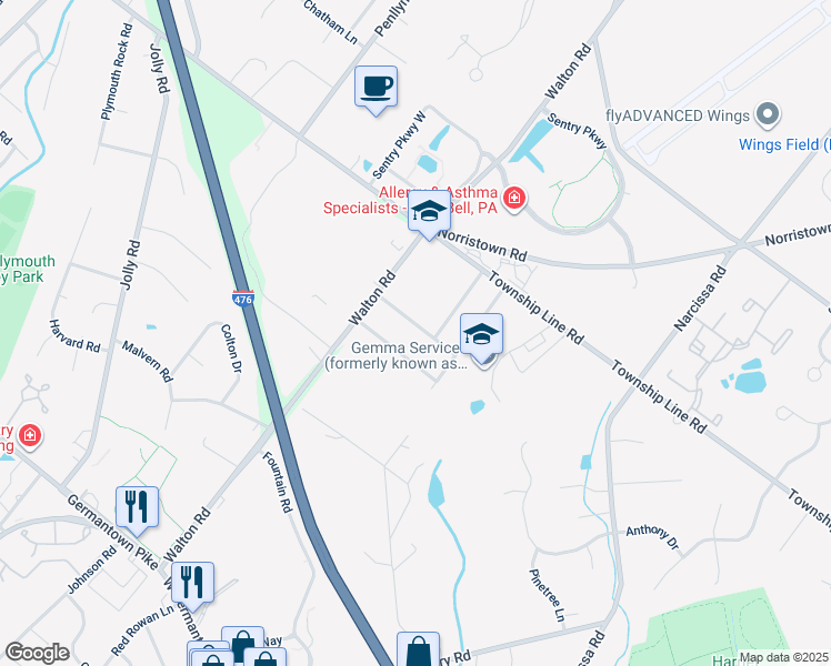 map of restaurants, bars, coffee shops, grocery stores, and more near 612 Apache Lane in Plymouth Meeting