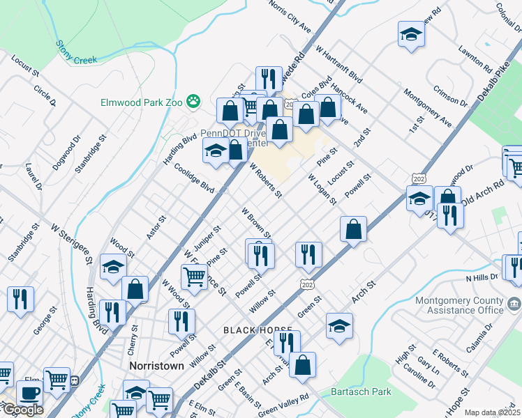 map of restaurants, bars, coffee shops, grocery stores, and more near 1613 Pine Street in Norristown