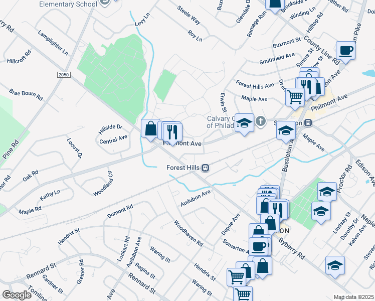 map of restaurants, bars, coffee shops, grocery stores, and more near 13020 Blakeslee Drive in Philadelphia