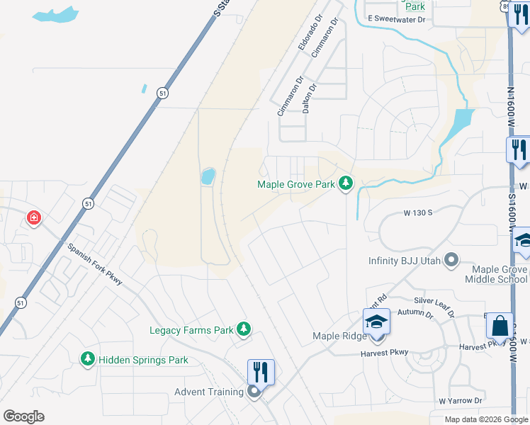 map of restaurants, bars, coffee shops, grocery stores, and more near 2648 Cimmaron Drive in Springville