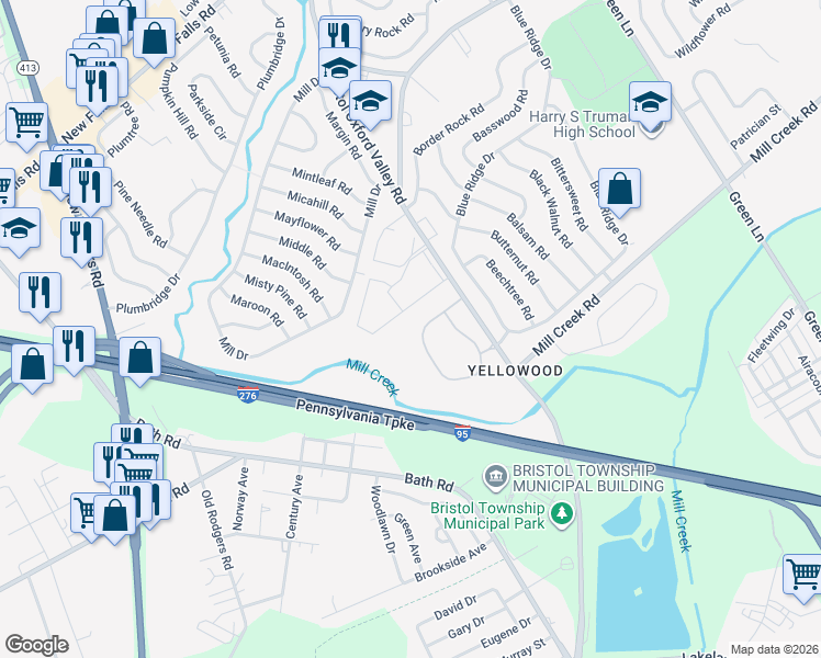 map of restaurants, bars, coffee shops, grocery stores, and more near 3401 Bristol Oxford Valley Road in Levittown