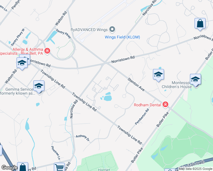 map of restaurants, bars, coffee shops, grocery stores, and more near 36 Yorktown Court in Blue Bell