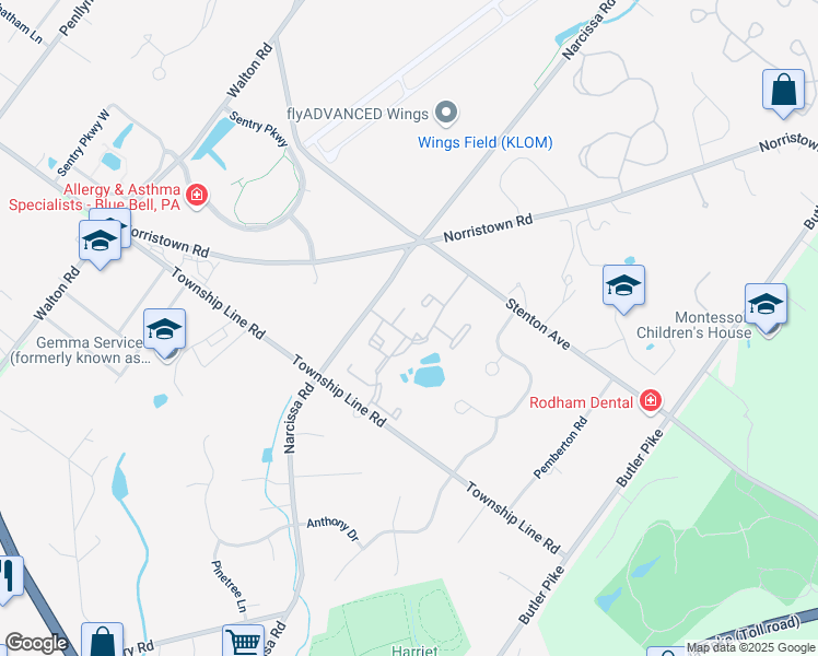 map of restaurants, bars, coffee shops, grocery stores, and more near 3 Wingate Court in Blue Bell