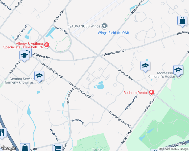 map of restaurants, bars, coffee shops, grocery stores, and more near 3 Wingate Court in Blue Bell