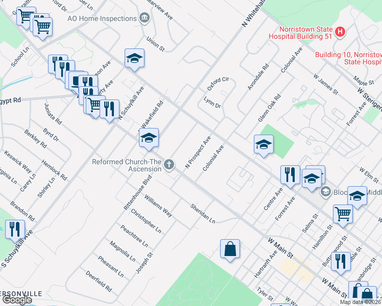 map of restaurants, bars, coffee shops, grocery stores, and more near 40 North Highland Avenue in Eagleville