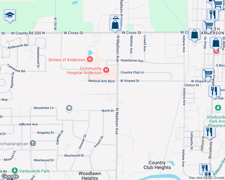 map of restaurants, bars, coffee shops, grocery stores, and more near 1345 Monticello Drive in Anderson