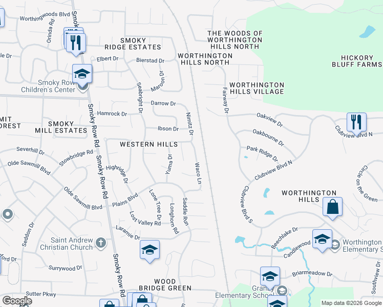 map of restaurants, bars, coffee shops, grocery stores, and more near 8405 Waco Lane in Powell