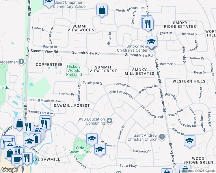 map of restaurants, bars, coffee shops, grocery stores, and more near 2315 Severhill Drive in Dublin