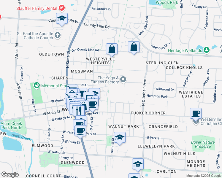 map of restaurants, bars, coffee shops, grocery stores, and more near 175 East Broadway Avenue in Westerville
