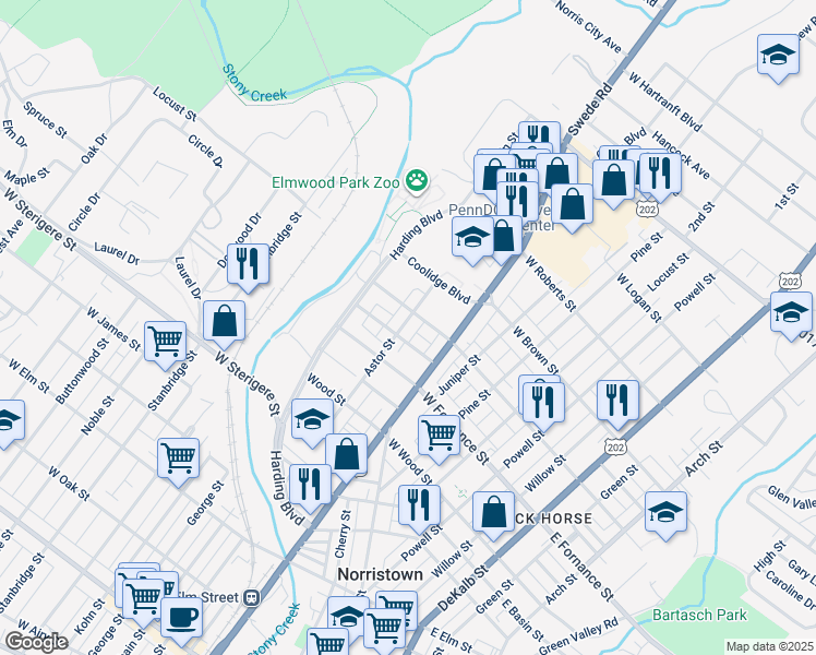 map of restaurants, bars, coffee shops, grocery stores, and more near 1428 Astor Street in Norristown