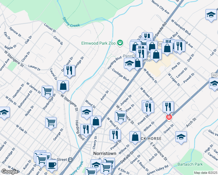 map of restaurants, bars, coffee shops, grocery stores, and more near 1417 Astor Street in Norristown