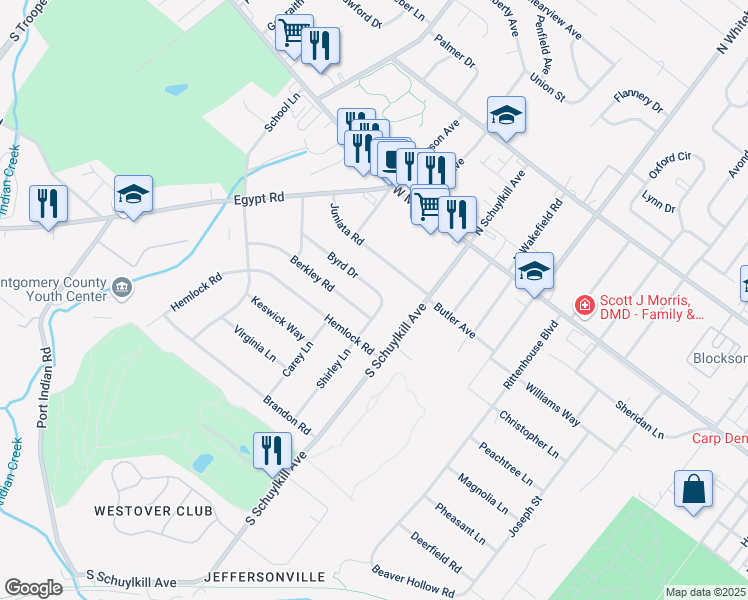 map of restaurants, bars, coffee shops, grocery stores, and more near 1930 Byrd Drive in Norristown