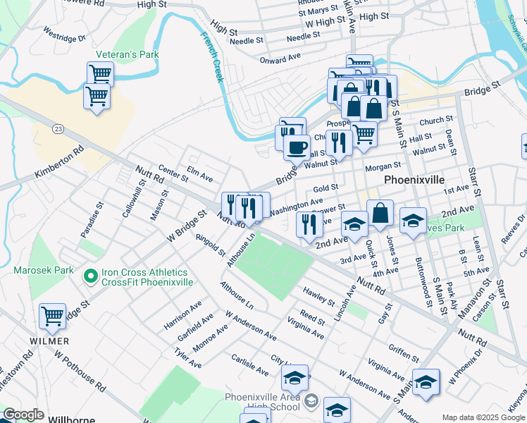 map of restaurants, bars, coffee shops, grocery stores, and more near 557 Washington Avenue in Phoenixville