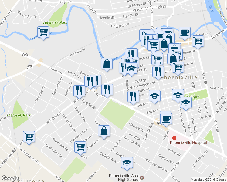 map of restaurants, bars, coffee shops, grocery stores, and more near 557 Washington Avenue in Phoenixville