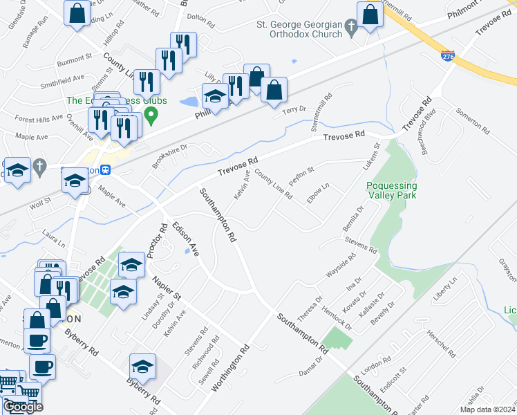 map of restaurants, bars, coffee shops, grocery stores, and more near 15035 Kelvin Avenue in Philadelphia