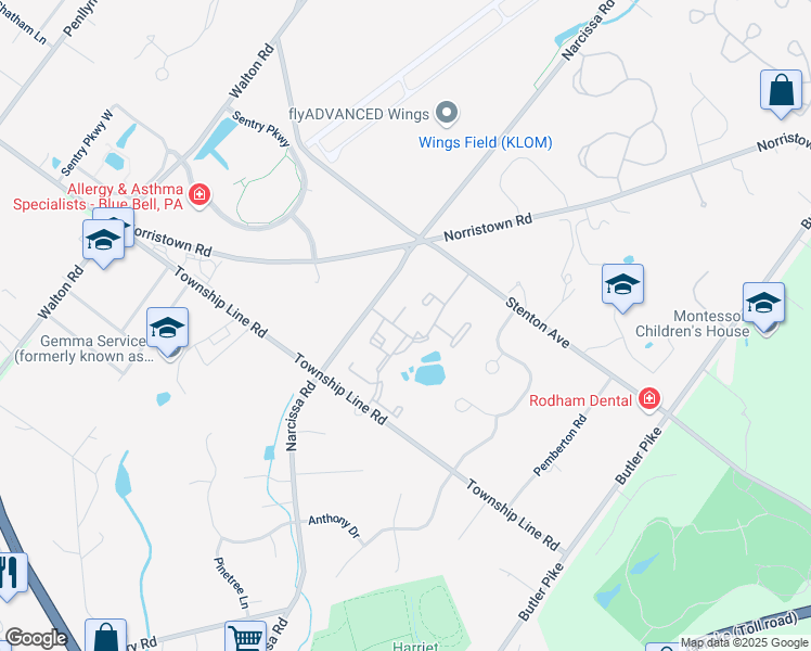 map of restaurants, bars, coffee shops, grocery stores, and more near 12 Wingate Court in Blue Bell