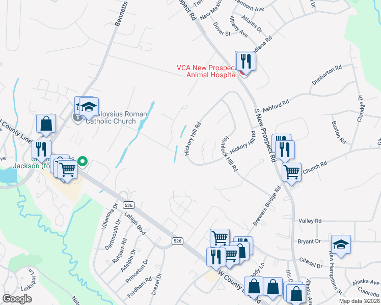 map of restaurants, bars, coffee shops, grocery stores, and more near 55 Hickory Hill Road in Jackson Township