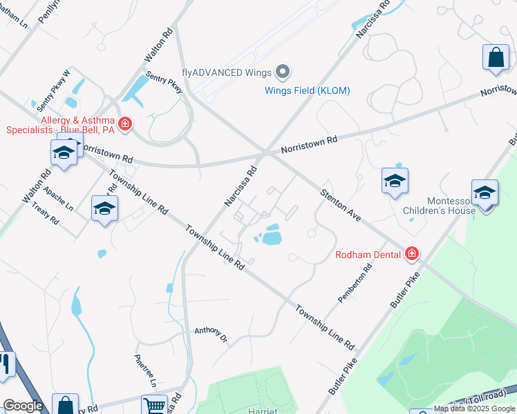 map of restaurants, bars, coffee shops, grocery stores, and more near 13 Wingate Court in Blue Bell