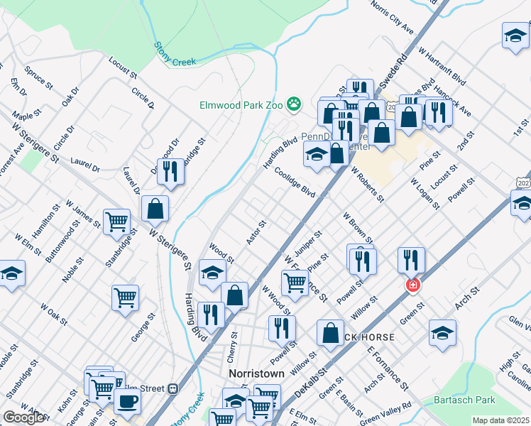 map of restaurants, bars, coffee shops, grocery stores, and more near 1417 Astor Street in Norristown