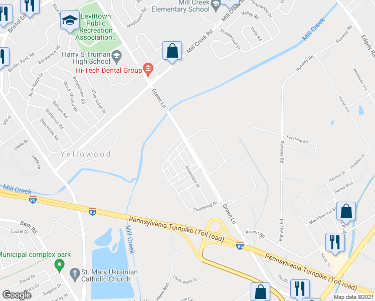 map of restaurants, bars, coffee shops, grocery stores, and more near 2425 Bloomsdale Road in Levittown